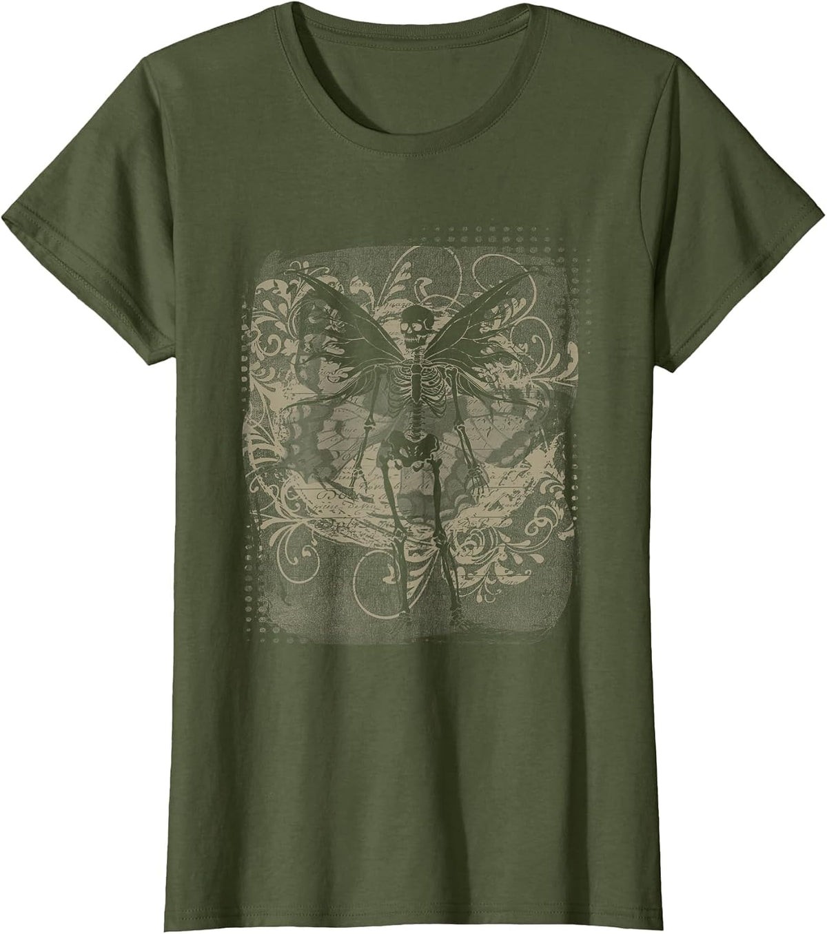 Fairy Grunge Fairycore Aesthetic Skeleton Butterfly Goth Y2K T-Shirt - Olive Green