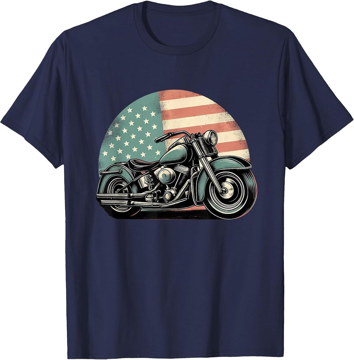 Motorcycle US American Flag Biker Motorbike Patriotic T-Shirt - Navy Blue