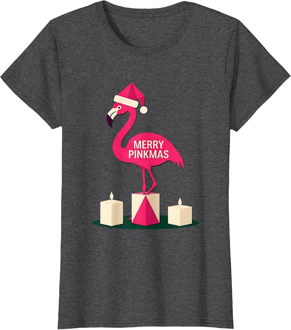 Women's Merry Pinkmas Flamingo Silhouette Christmas Pajamas Holiday T-Shirt - Dark Heather Grey
