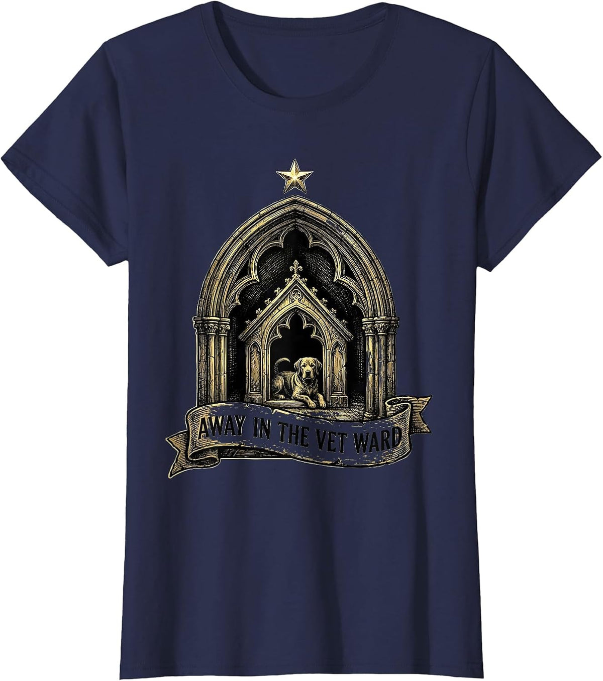 Women's Away In The Vet Ward Gothic Veterinary Tech Christmas Humor T-Shirt - Navy Blue
