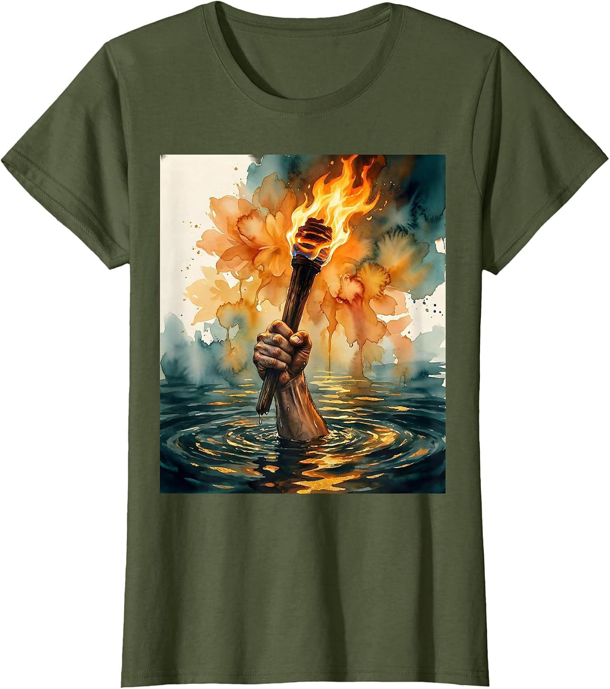 Women's Glowing Torch Over Water Faith Over Fear Graphic T-Shirt - Olive Green