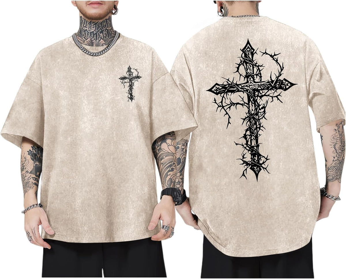 Men's Goth Shirt Oversized Acid Wash Grunge Shirts Gothic Cross Graphic Tees Vintage Streetwear Summer Tshirts - Apricot