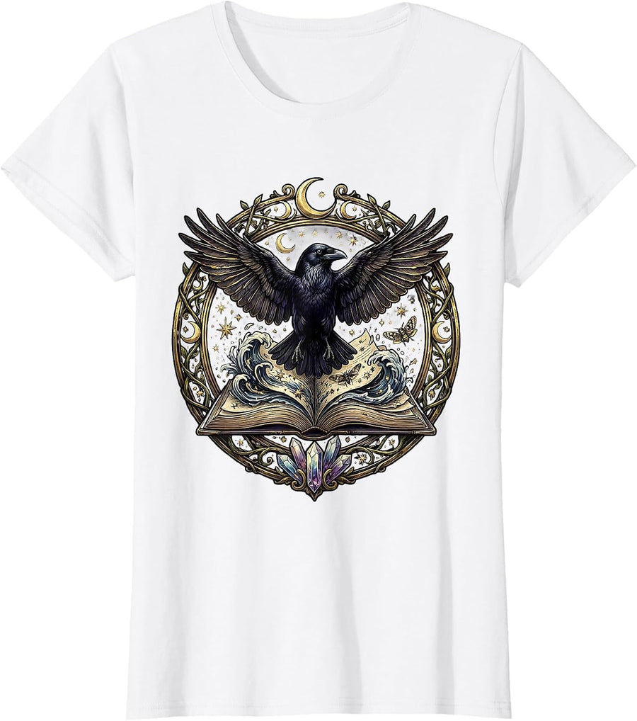 Women's Crow Bursting From Open Book Graphic T-Shirt - White