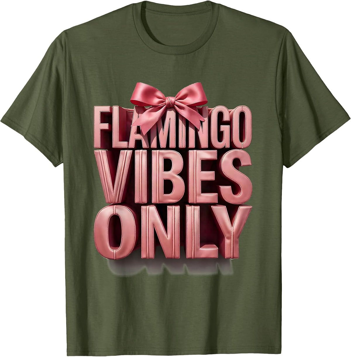 Flamingo Vibes Only Tropical Bird Design T-Shirt - Olive Green