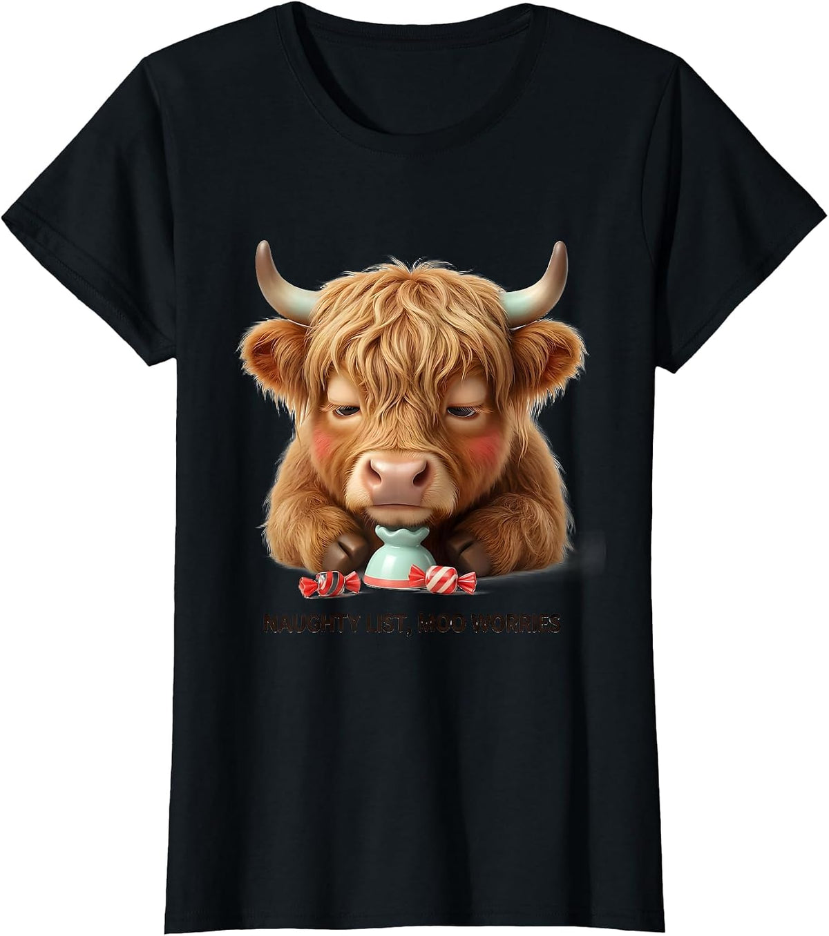 Naughty List Moo Worries Cute Kawaii Highland Cow Christmas T-Shirt - Black