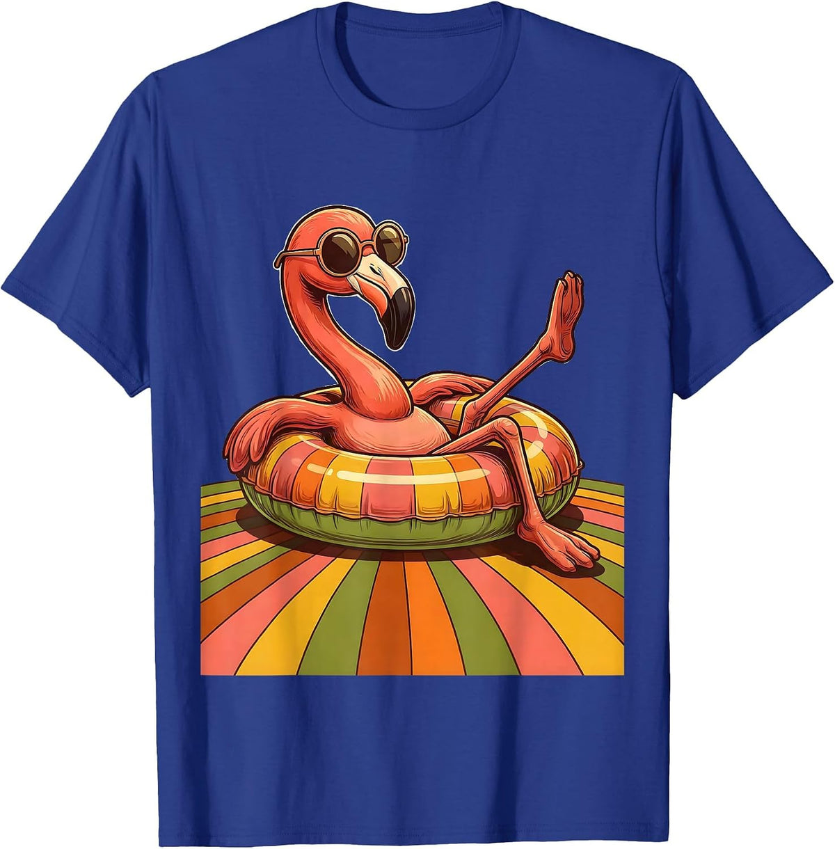 Flamingo in Sunglasses Lounging in Pool Design T-Shirt - Royal Blue