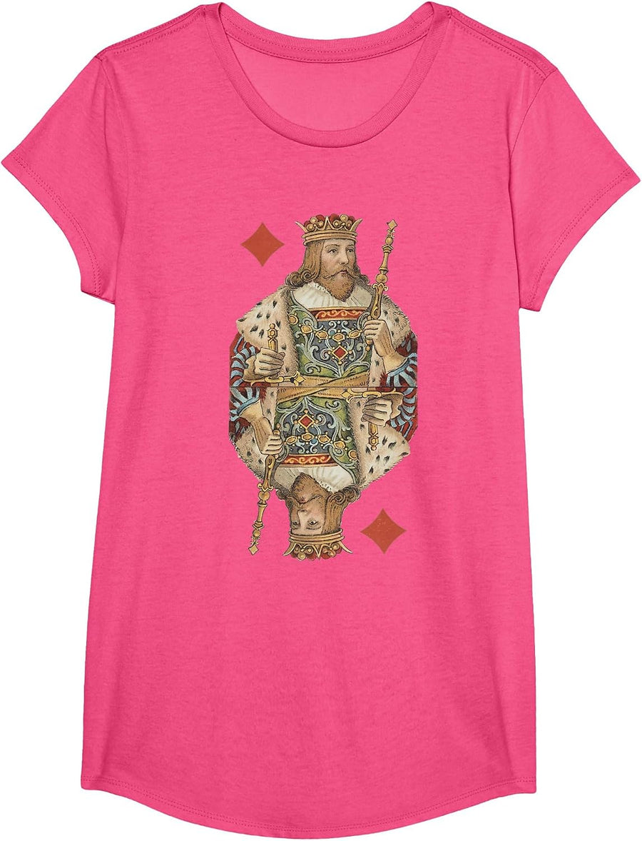 King of Diamonds Antique Art Nouveau Playing Card Art T-Shirt, Girls, Pink Heather, X-Small - As Pictured