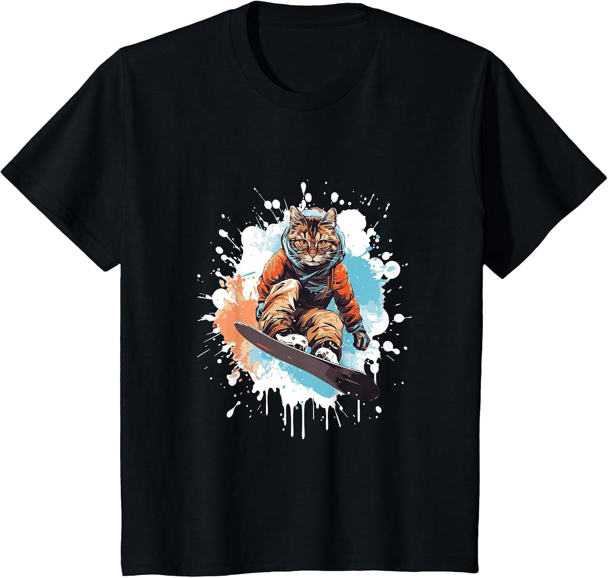 Cat Snowboarding Animal Snowboard Funny T-Shirt - Black