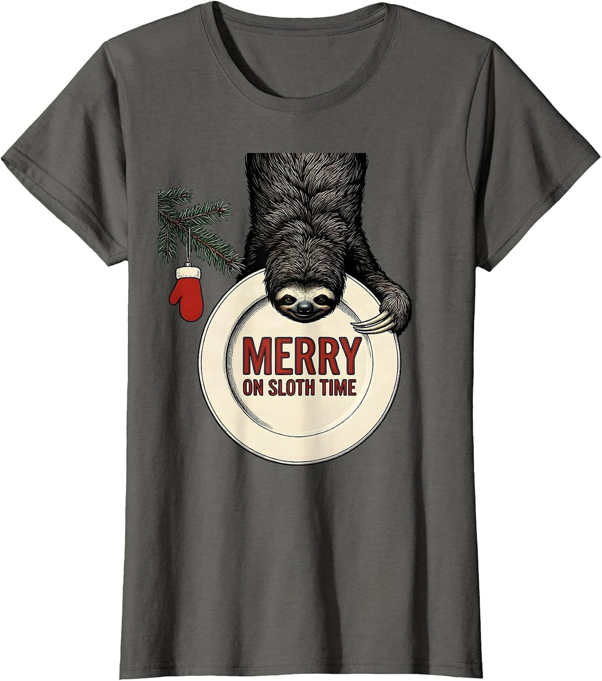 Women's Merry On Sloth Time Funny Sloth Lover Christmas Ugly Sweater T-Shirt - Asphalt Grey