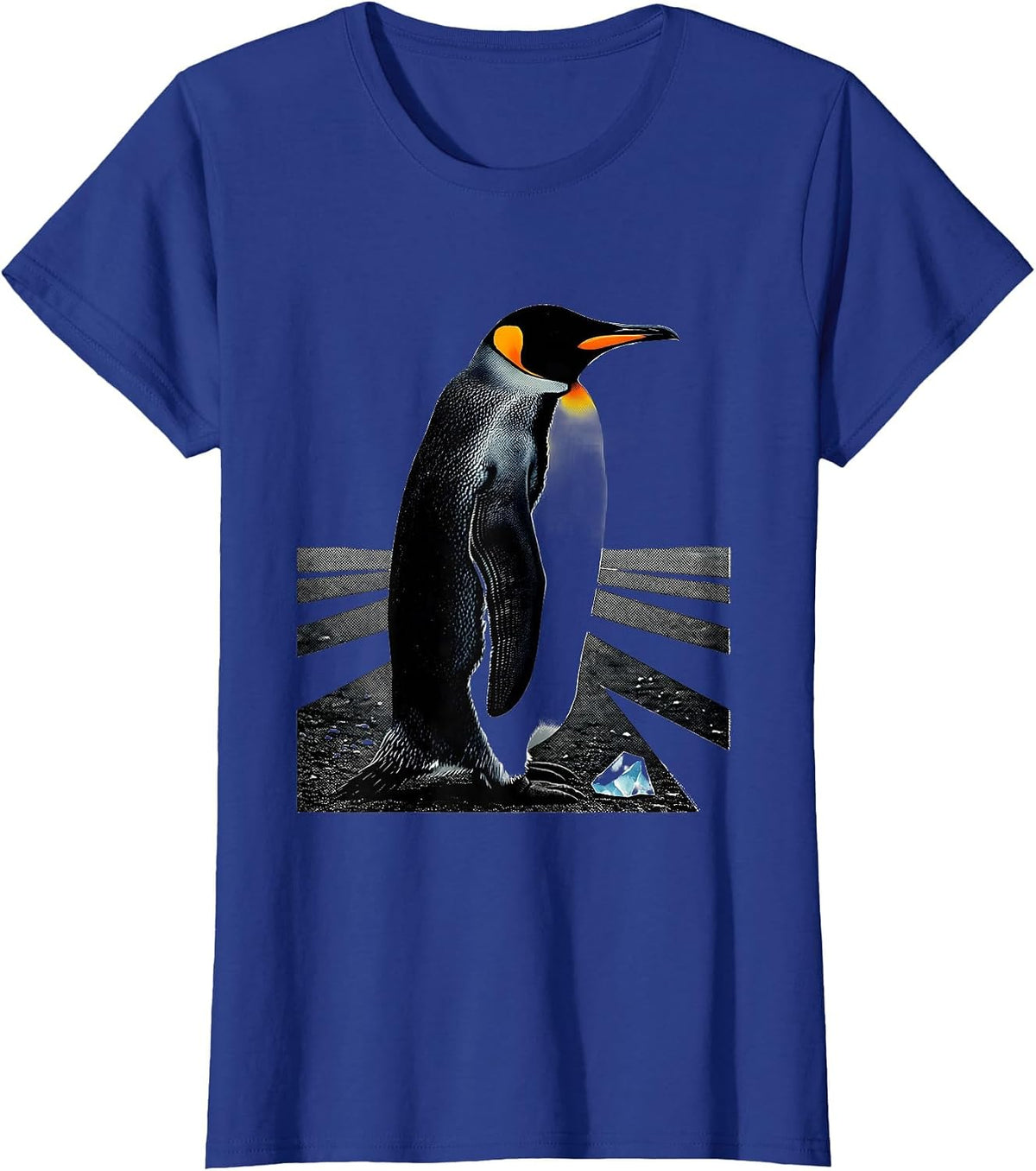 Women's Monumental Penguin Screenprint Poster Animal Lover Humor T-Shirt - Royal Blue