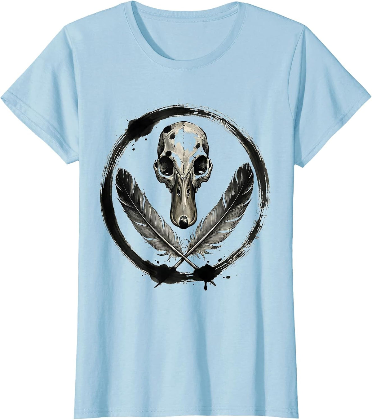 Women's Duck Skull Crossed Feathers Gothic Nature Design T-Shirt - Baby Blue