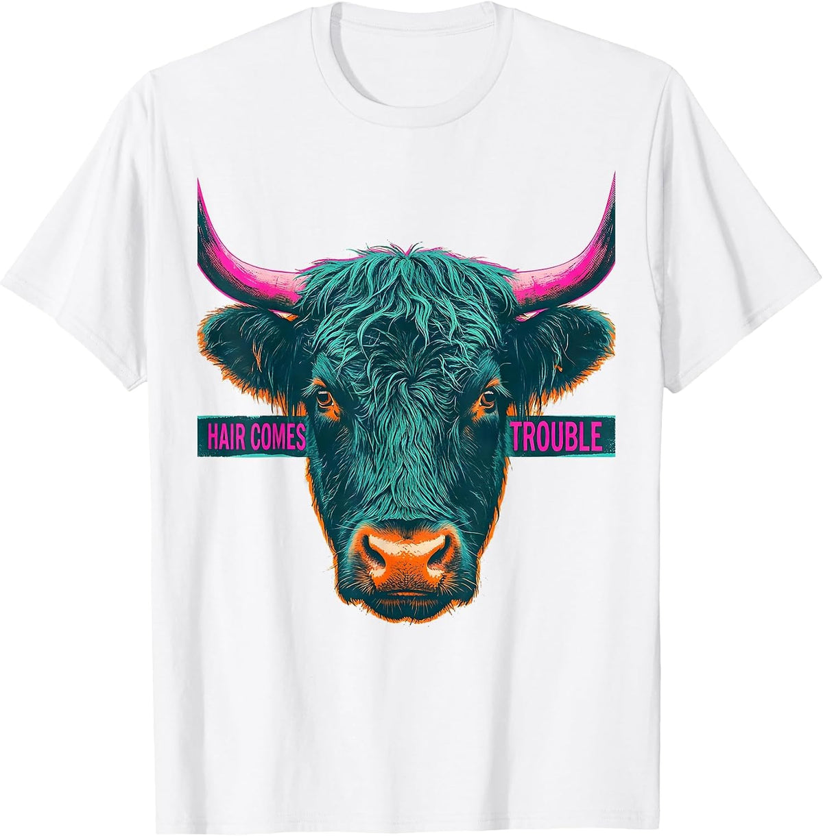 Men's Hair Comes Trouble Funny Highland Cow Humor Scottish Cow T-Shirt - White
