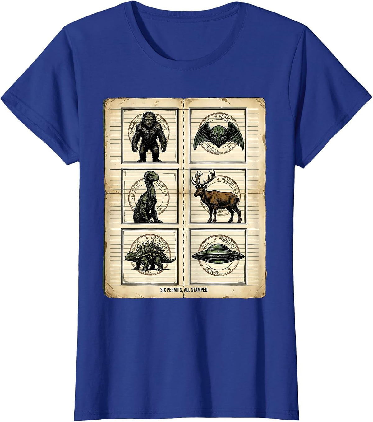 Women's Six Permits, All Stamped Vintage Cryptid Humor Cryptozoology T-Shirt - Royal Blue