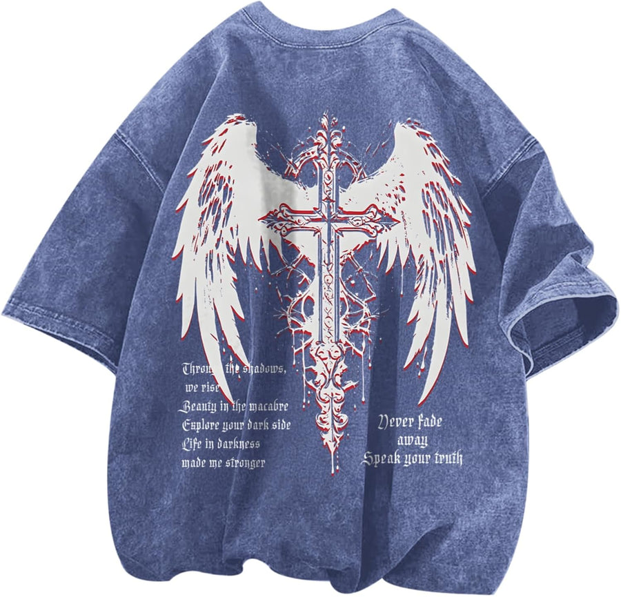 Vintage Goth Punk Shirts for Men Grunge Streetwear Oversized Tshirts Gothic Cross Y2k Graphic Tees Acid Wash T Shirt - Blue