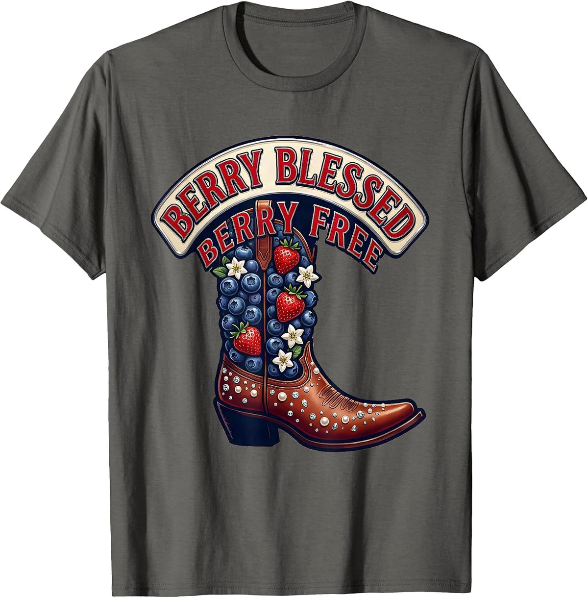 Men's Berry Blessed Berry Free Red White and Blueberries T-Shirt - Asphalt Grey