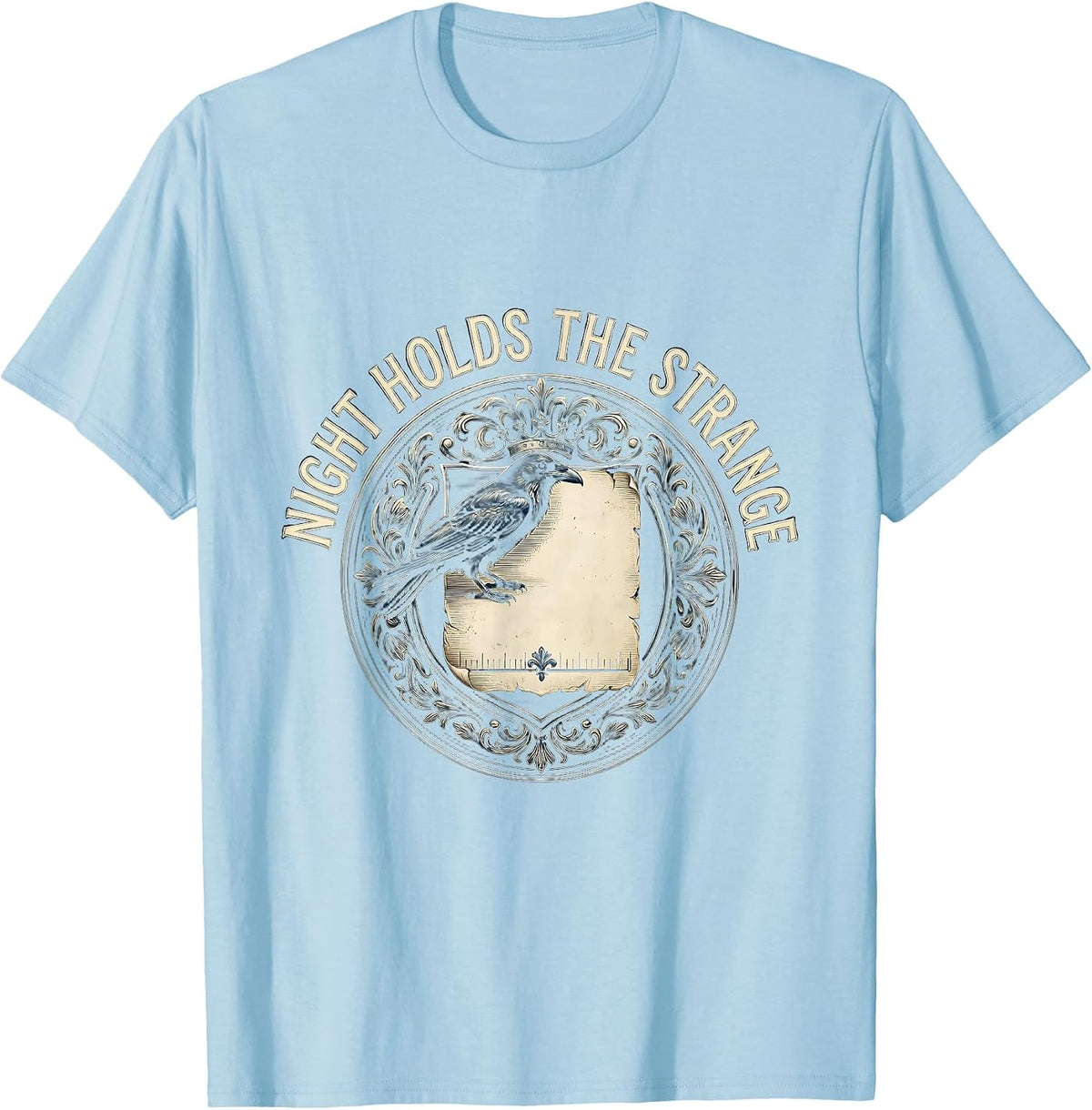 Men's Night Holds The Strange Gothic Literary Raven Edgar Allan T-Shirt - Baby Blue