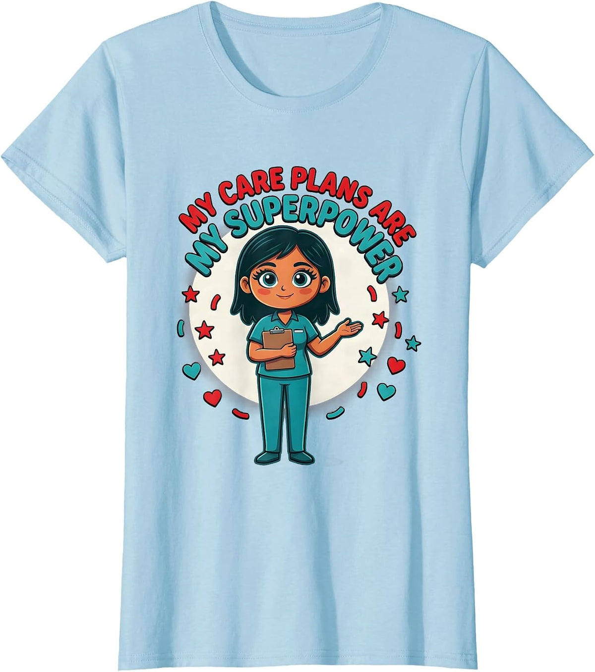 Women's MY CARE PLANS ARE MY SUPERPOWER Cartoon Social Worker T-Shirt - Baby Blue