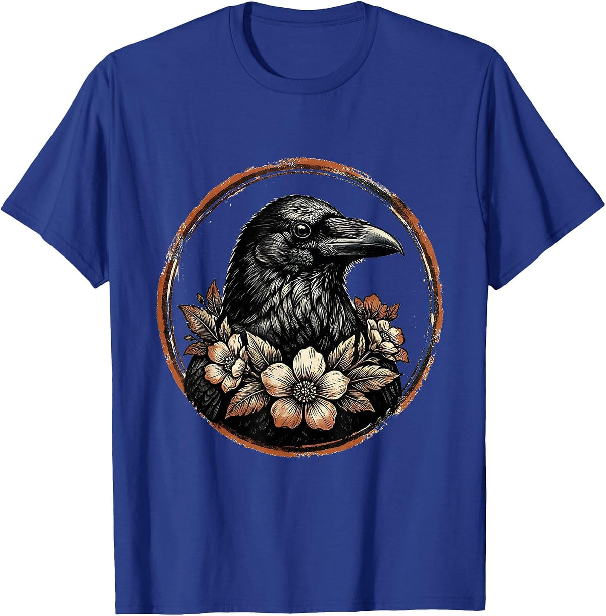 Crow with Floral Wreath Illustration Design T-Shirt - Royal Blue