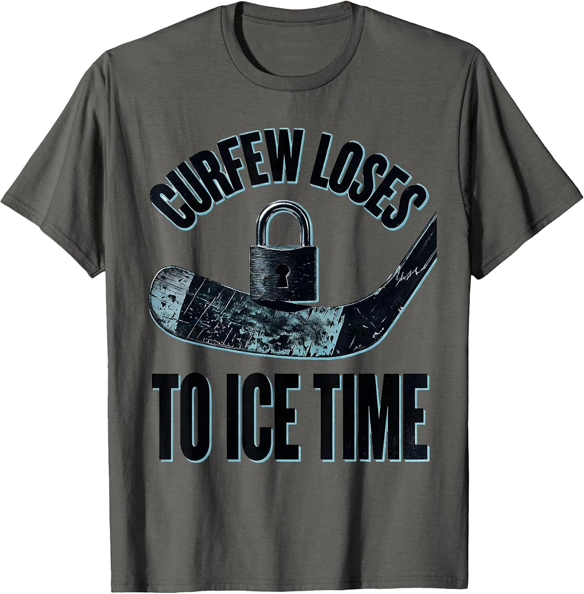 Men's Curfew Loses To Ice Time Funny Ice Hockey Player Gift T-Shirt - Asphalt Grey