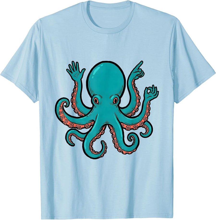 Men's Octopus Gesture Vintage Sea Creature Marine Life Graphic T-Shirt - Baby Blue