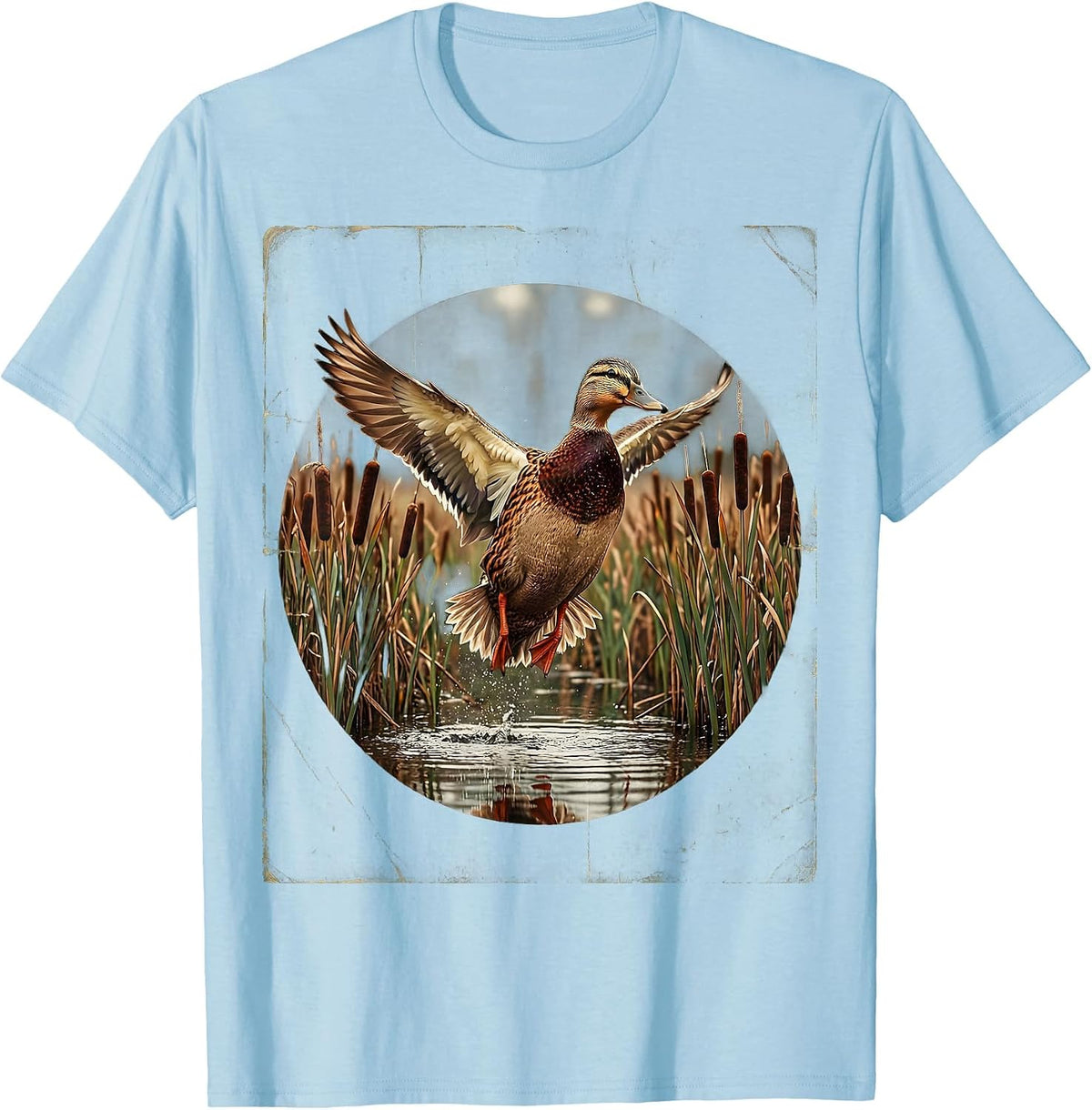 Men's Duck Flying Over Marsh Reeds Wildlife Illustration T-Shirt - Baby Blue