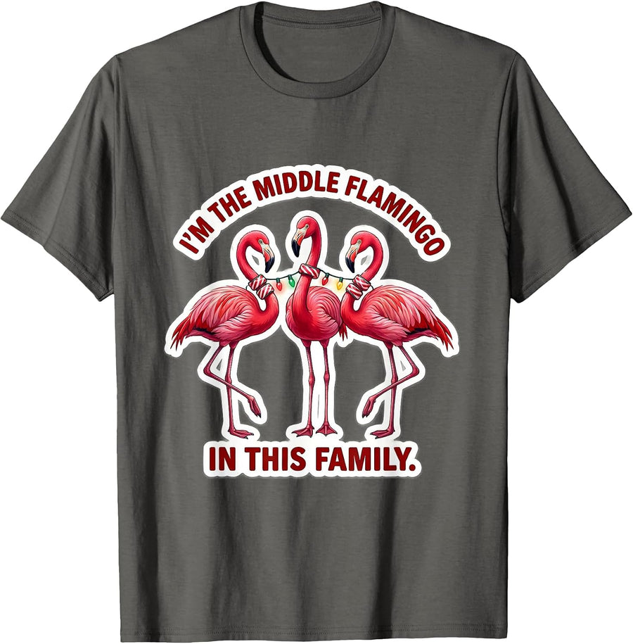 I'm The Middle Flamingo In This Family Funny Pink Flamingo T-Shirt - Asphalt Grey