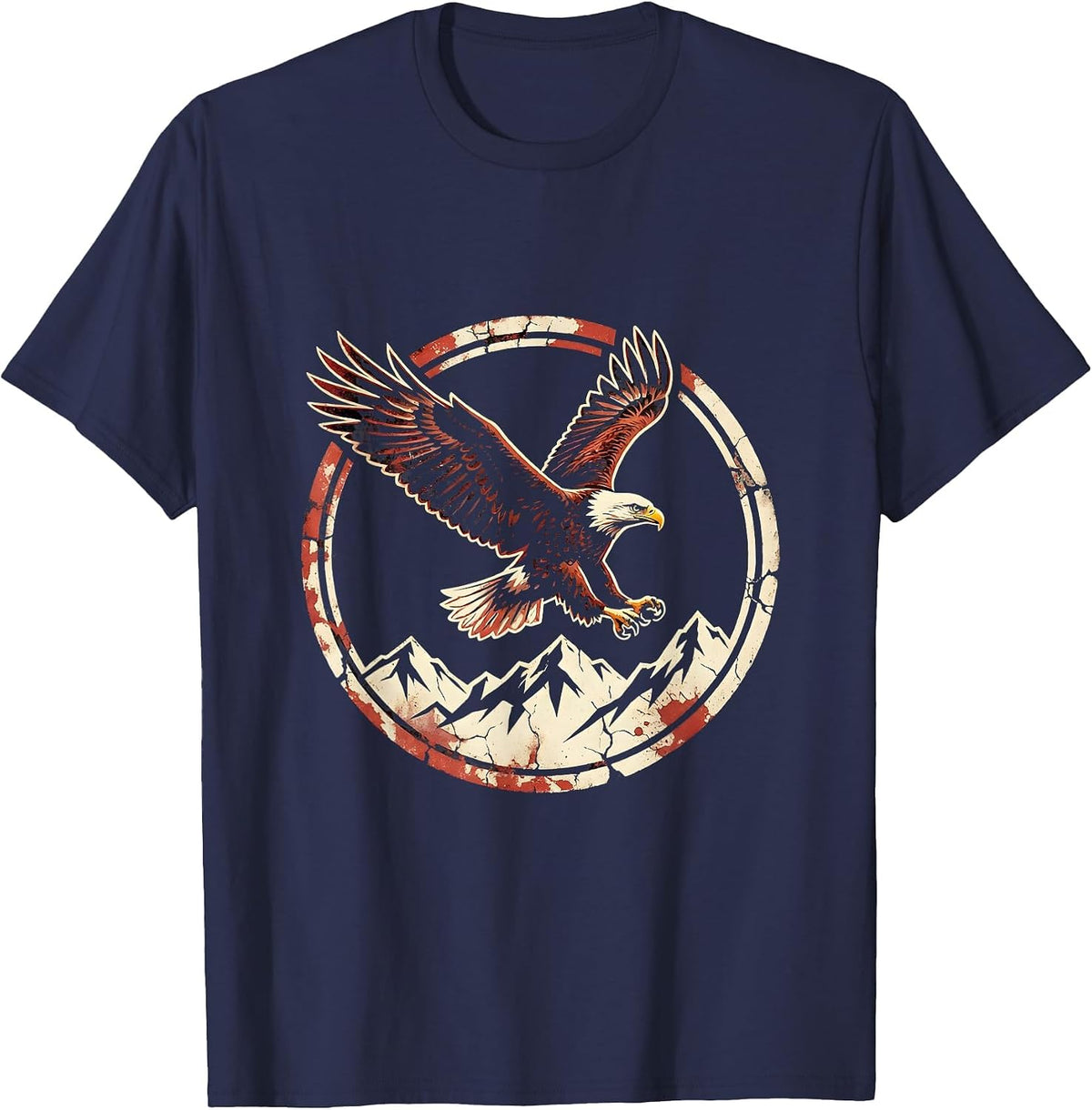 Bald Eagle Soaring Over Mountains Patriotic Design T-Shirt - Navy Blue