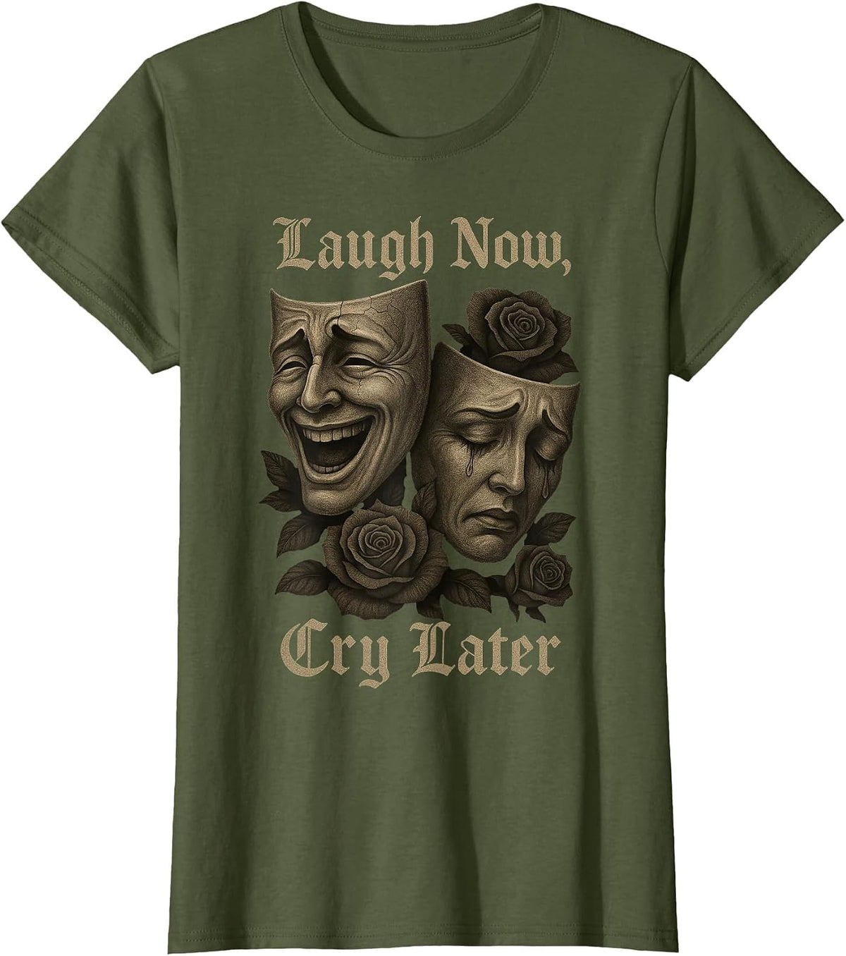 Laugh Now Cry Later Comedy and Tragedy Masks Goth Aesthetic T-Shirt - Olive Green
