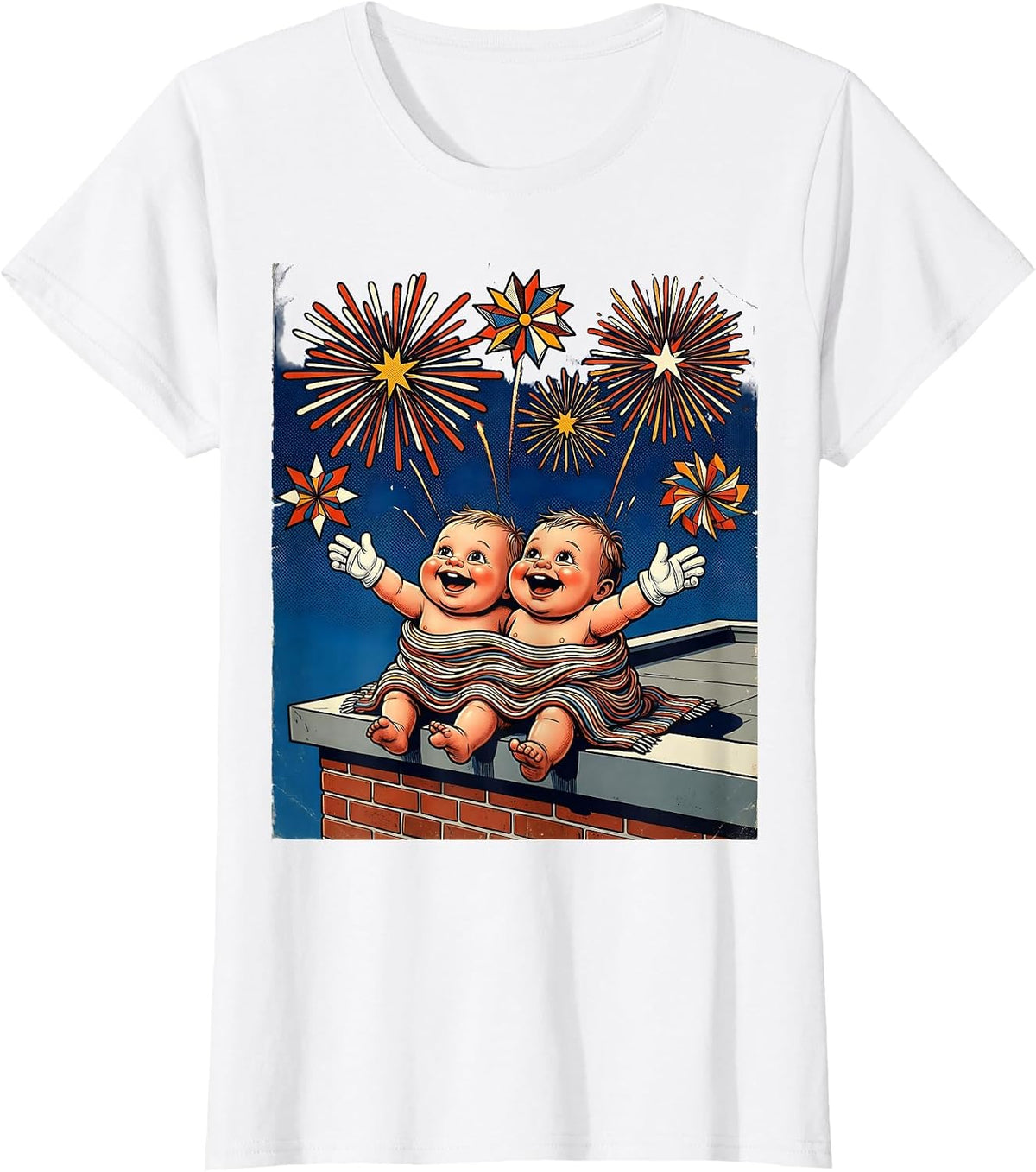 Kids Patriot Day Fireworks Rooftop Night Scene T-Shirt - White