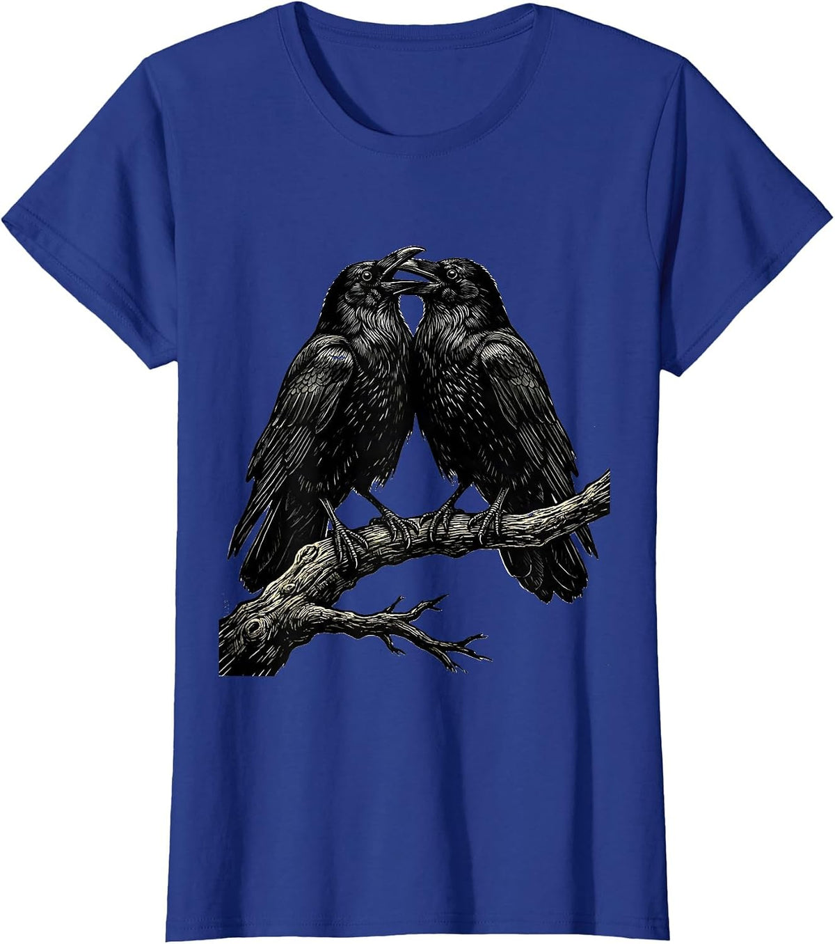 Women's Two Crows Facing Off on a Branch Illustration T-Shirt - Royal Blue