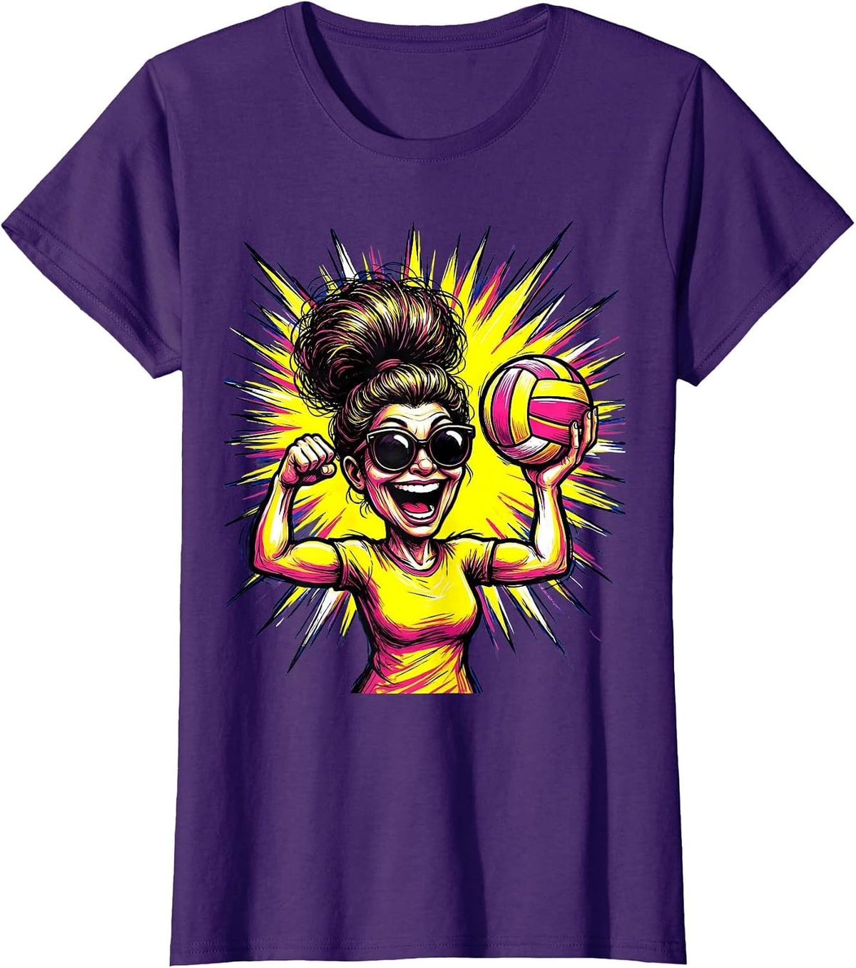 Women's Volleyball Mom Hand-Painted Sign Starburst Design T-Shirt - Purple