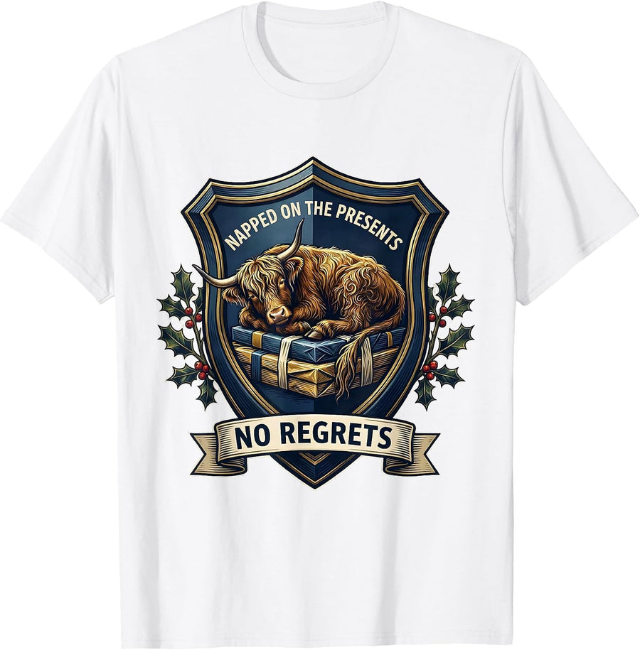 Men's Napped On The Presents No Regrets Highland Cow Christmas T-Shirt - White