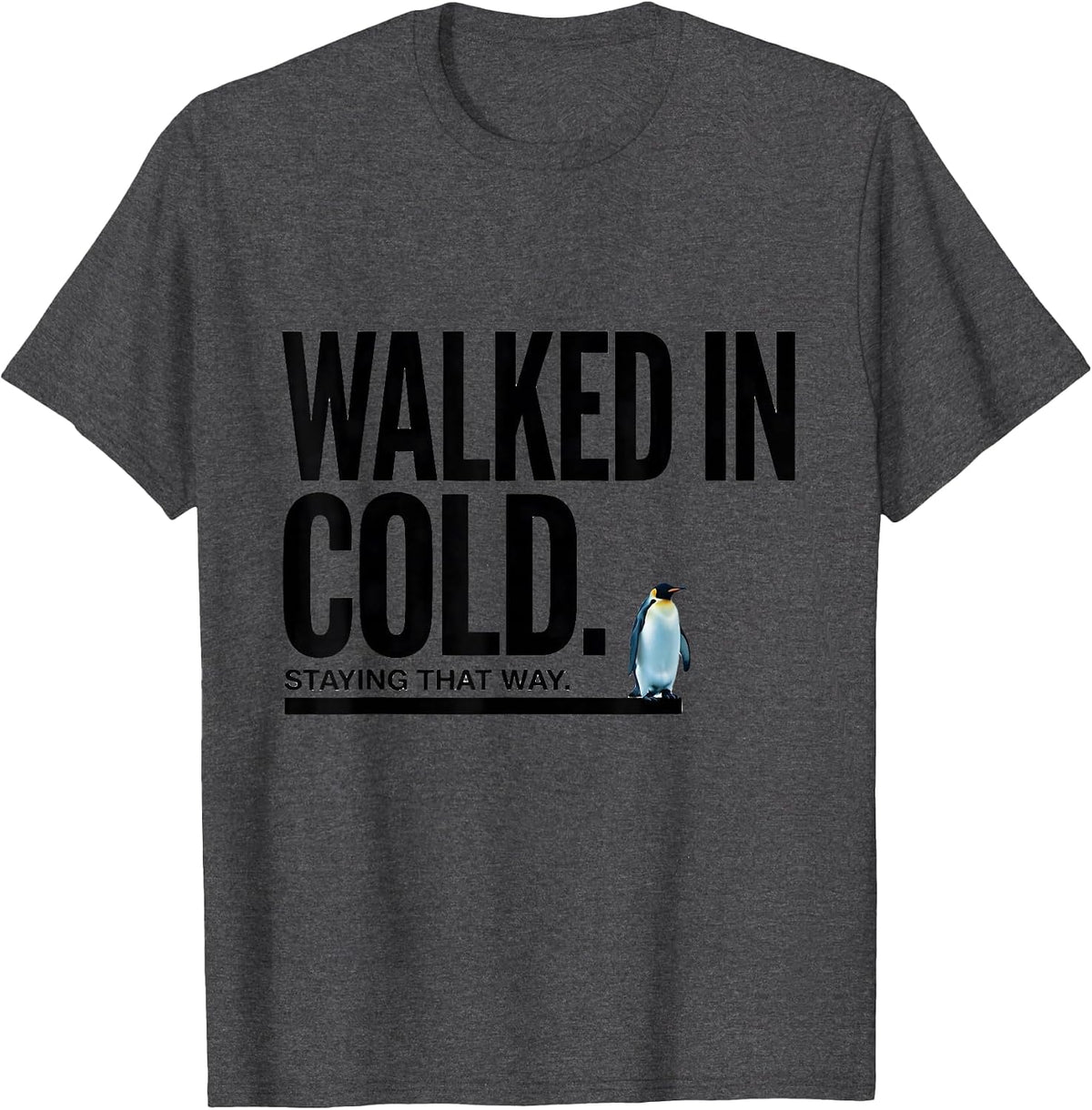 Men's Walked In Cold Staying That Way Funny Penguin Lover Humor T-Shirt - Dark Heather Grey
