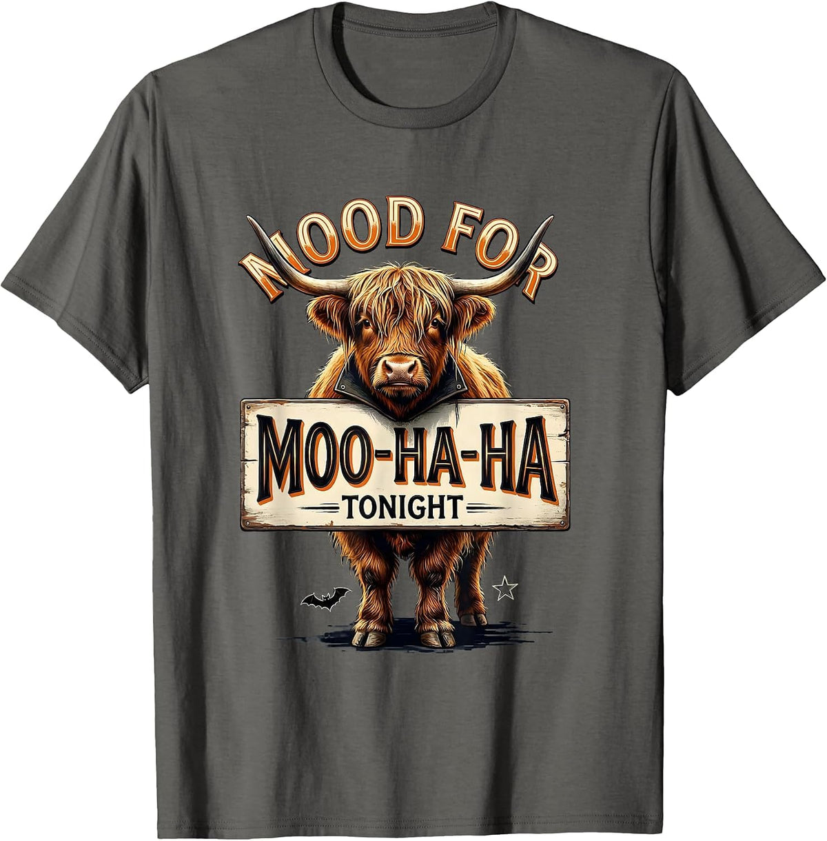 Men's Mood For Moo-Ha-Ha Tonight Funny Highland Cow Halloween T-Shirt - Asphalt Grey
