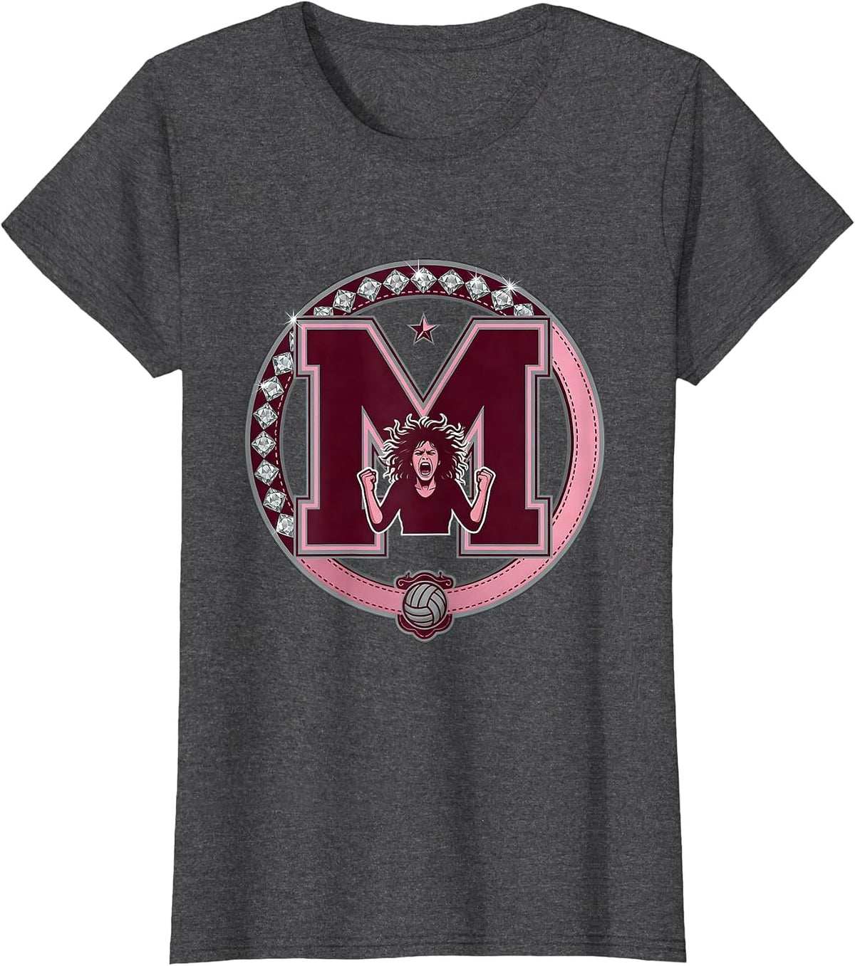 Women's Volleyball Mom Wild Hair Screaming Referee Graphic T-Shirt - Dark Heather Grey