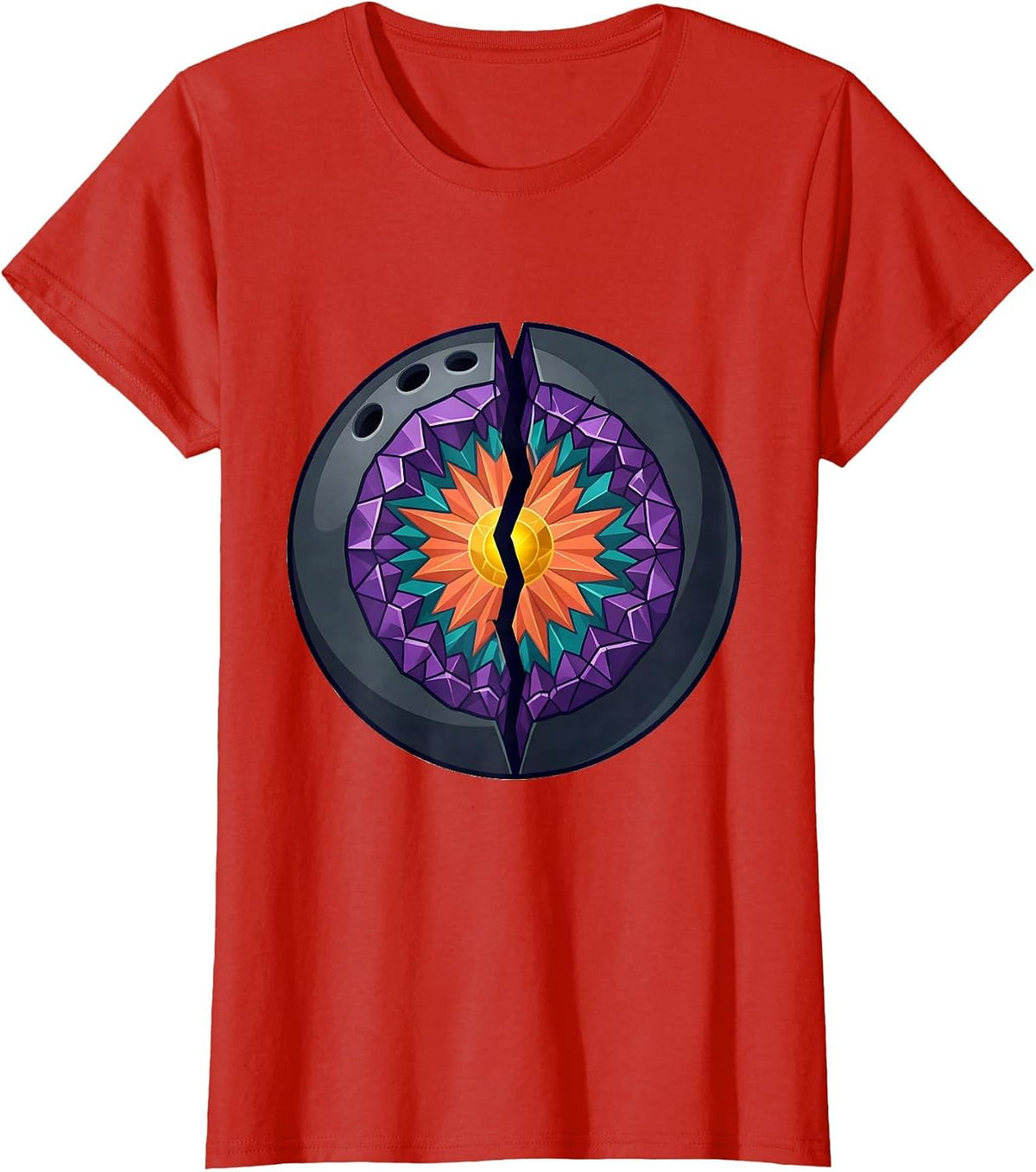 Bowling Ball Geode Crystal Split Illustration T-Shirt - Red
