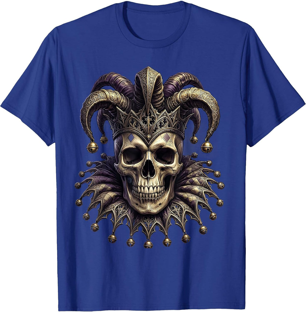 Mardi Gras Jester Skull with Bells Illustration T-Shirt - Royal Blue