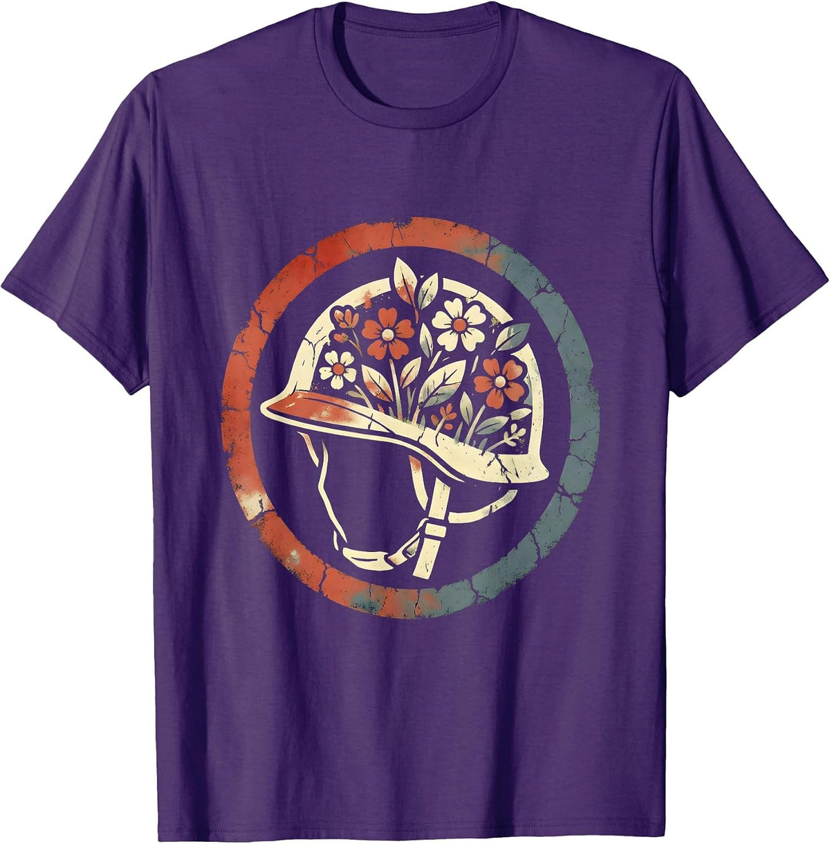 Red White Blue Soldier Helmet Wildflowers Graphic T-Shirt - Purple