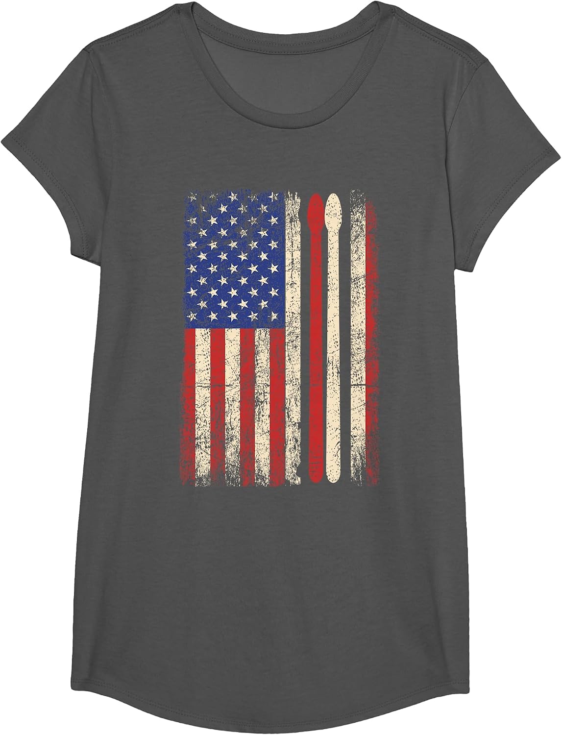 Vintage Drummer Drum Stick USA Flag American 4th of July Tee T-Shirt - Girls Asphalt Grey
