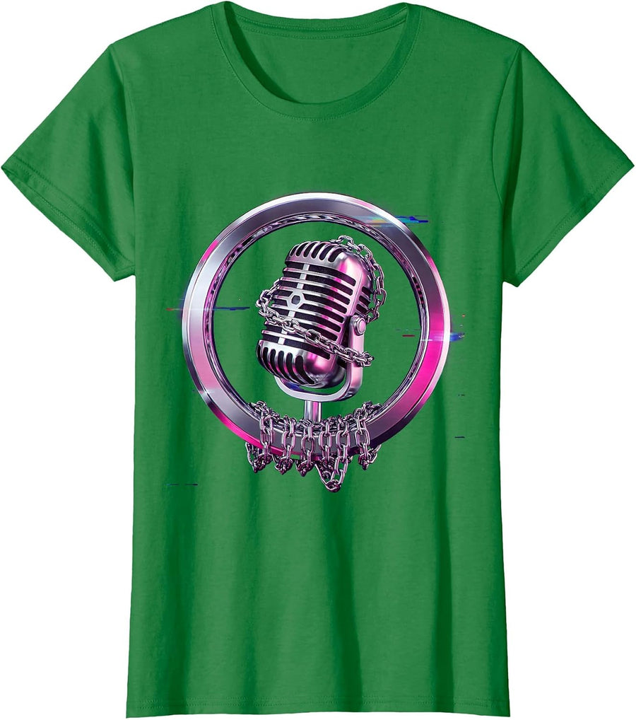 Women's Gold Chain Microphone Hip Hop Graphic Tee T-Shirt - Kelly Green