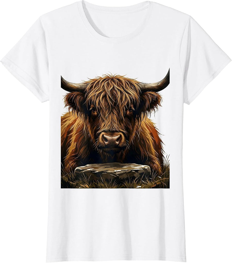 Women's Highland Cow Head Gouache Poster Animal Lover Humor T-Shirt - White