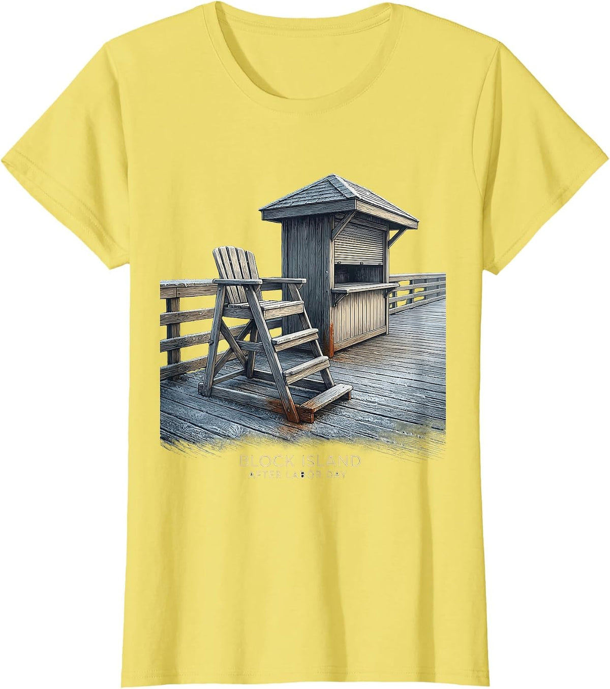 Women's Block Island After Labor Day Vintage Coastal Town Pride T-Shirt - Lemon Yellow