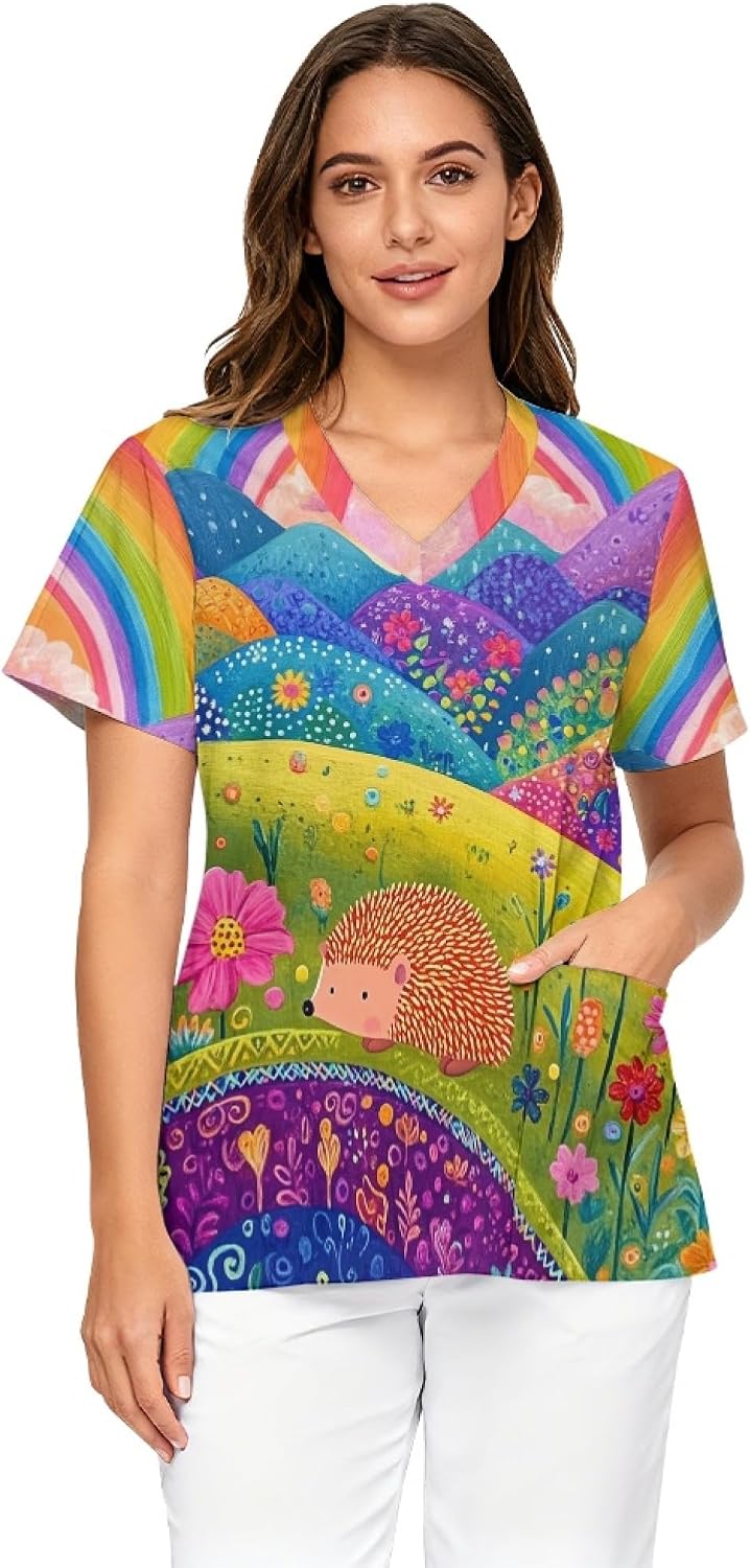 Hawapod Medical Work Top V Neck Short Sleeve Scrub tee for Women - Hedgehog Mountain