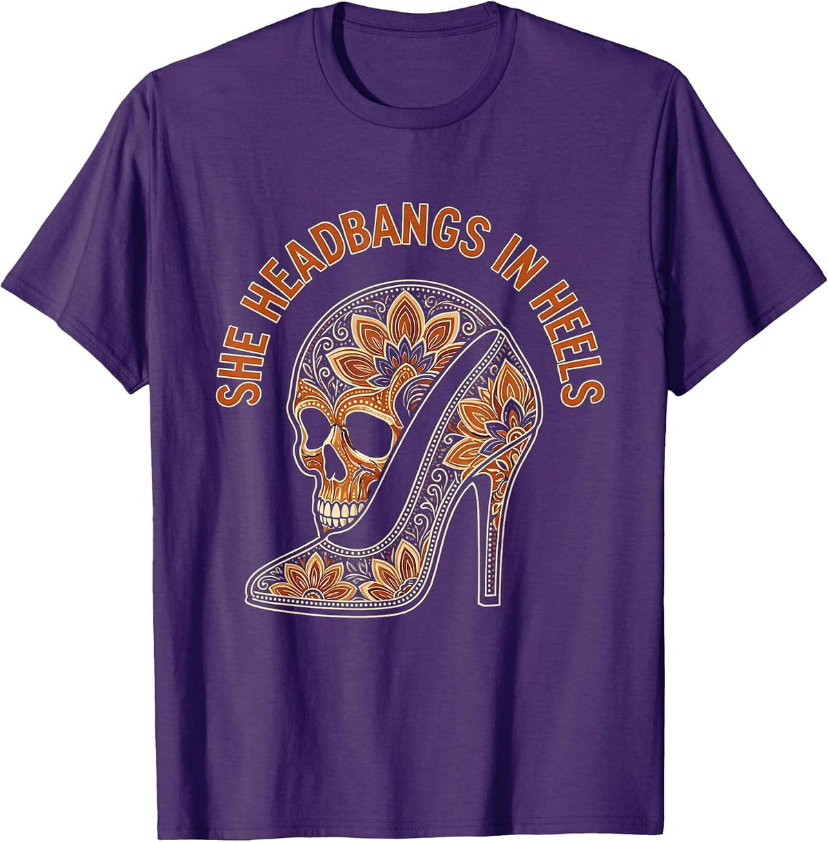 She Headbangs In Heels Rock and Roll Design T-Shirt - Purple