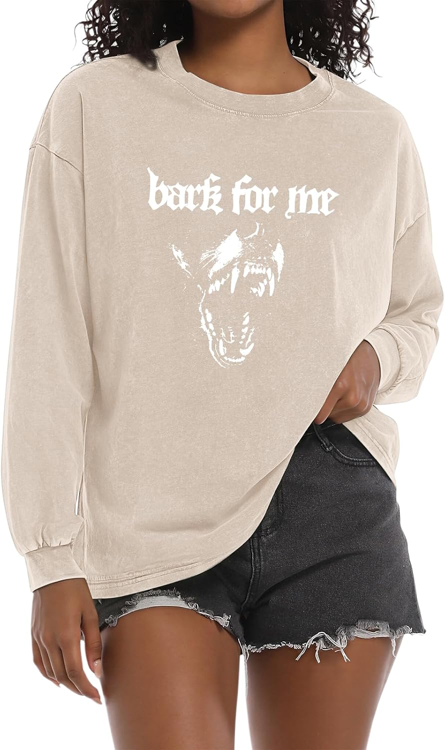 Women Goth Grunge Bark for Me Shirt Streetwear Graphic Tees Gothic Acid Wash Long Sleeve Shirts - Apricot