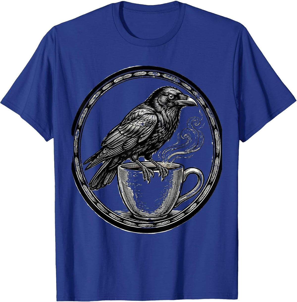 Crow Perched on Coffee Cup Side-Eye Illustration T-Shirt - Royal Blue
