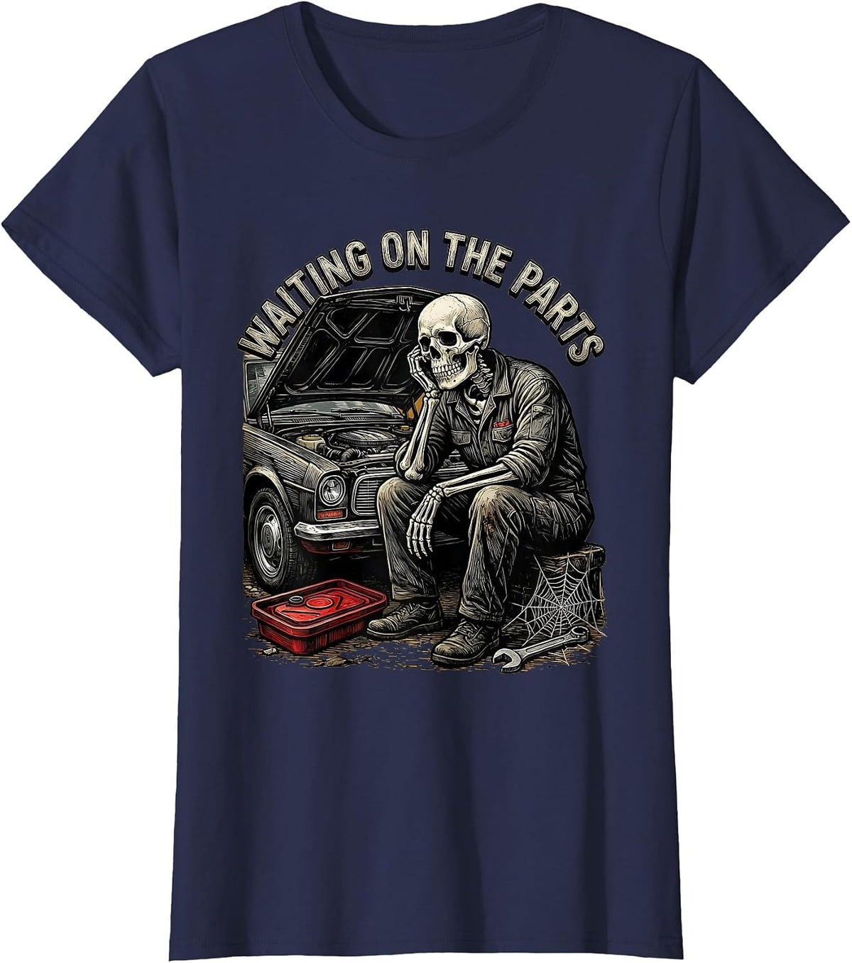 Women's Waiting On The Parts Funny Mechanic Skeleton Auto Repair T-Shirt - Navy Blue