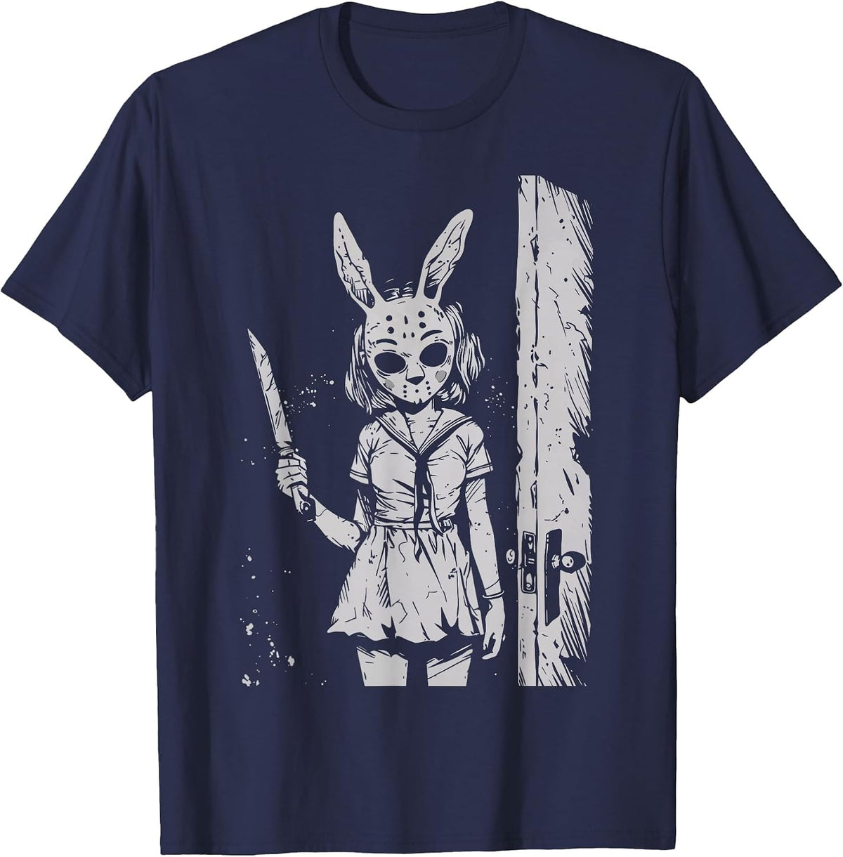 Horror Bunny Mask Girl Rabbit Alt Goth Slasher Creepy Anime T-Shirt - Navy Blue