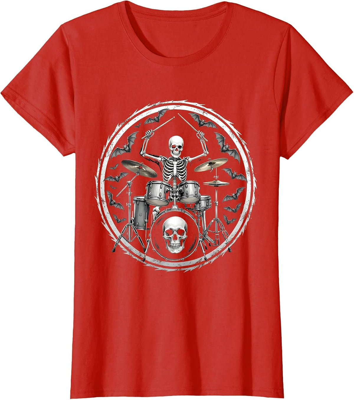 Skeleton Drummer Halloween Bats Graphic T-Shirt - Red