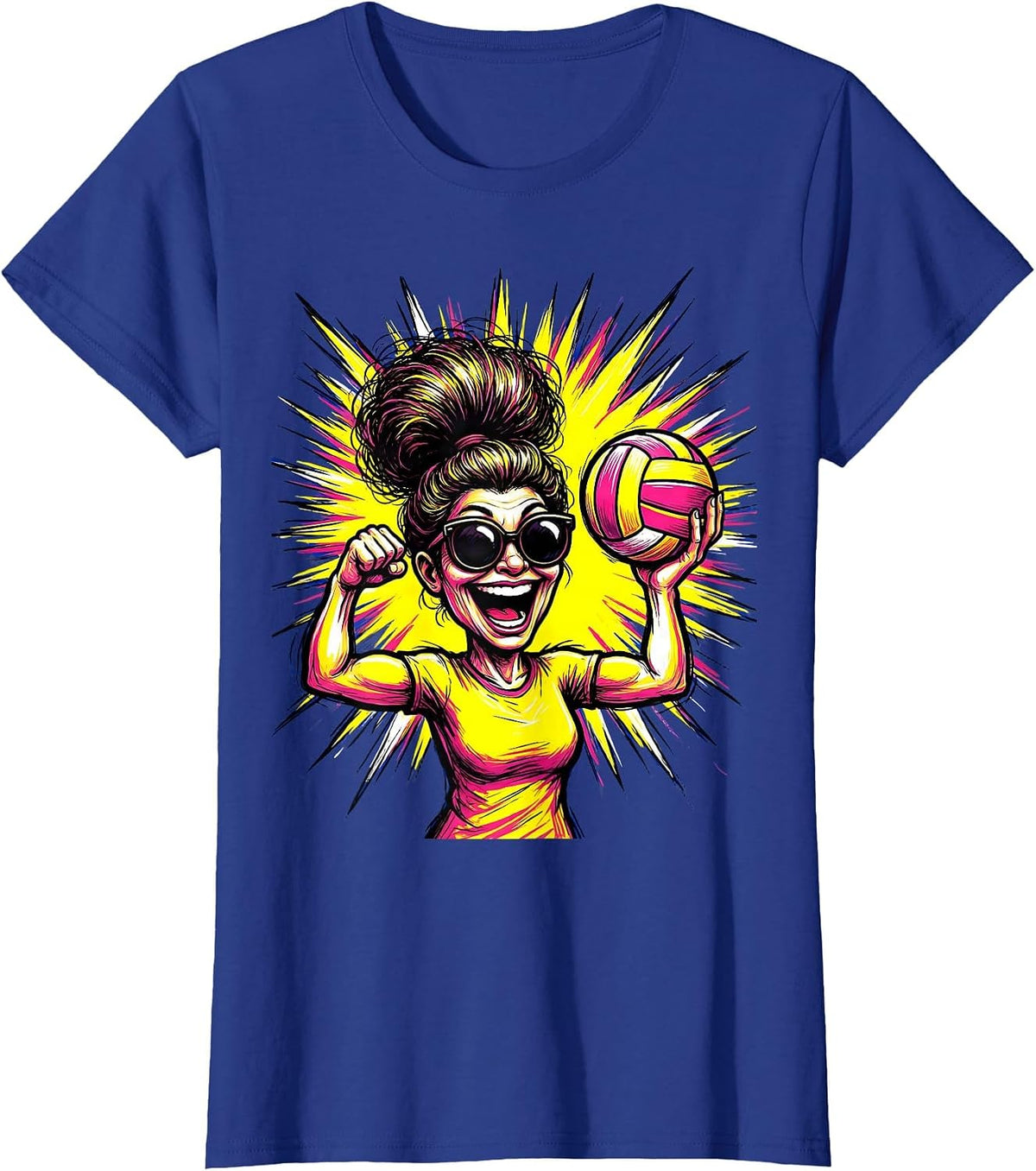 Women's Volleyball Mom Hand-Painted Sign Starburst Design T-Shirt - Royal Blue